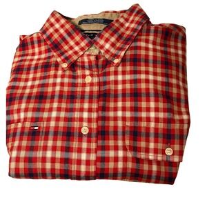 Tommy Hilfiger Mens Button Down Shirt Size XL Red Plaid Preppy Workwear Outdoor
